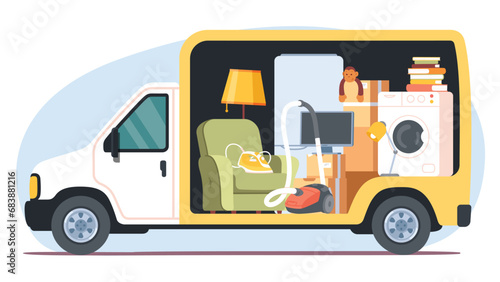 Moving home truck with furniture and appliances inside. Boxes packages cargo in van transport. Delivery, shipping, relocation, vehicle transportation service concept flat vector illustration