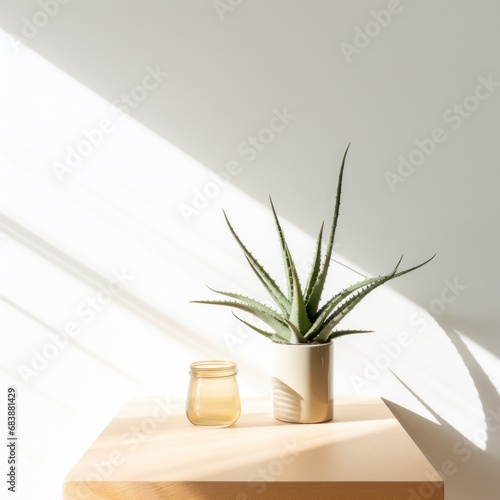 aloe plant on a table against white wall