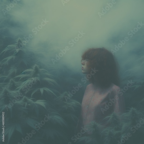 girl against the background of cannabis leaves  surrounded by morning haze  toned blurry image 