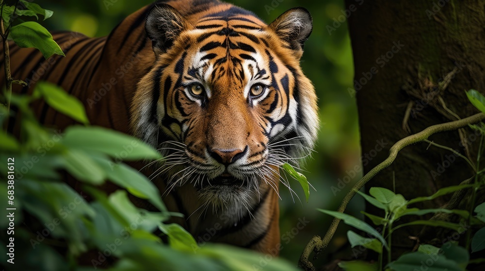 A magnificent Bengal tiger prowling through a dense jungle