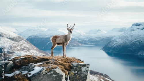 A lone reindeer standing proudly on a rocky outcrop overlooking a fjord in Norway
