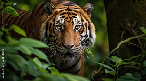 A magnificent Bengal tiger prowling through a dense jungle © MAY