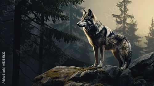 A majestic wolf standing on a rocky outcrop overlooking a moonlit forest