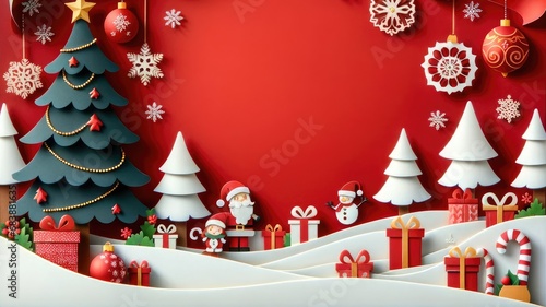 Christmas background, Decorated with christmas tree and gift box, Winter christmas composition in paper cut style decoration for Celebration.