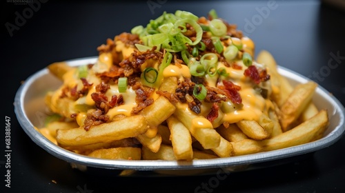 An enticing close-up of loaded curly fries topped with a decadent blend of melted cheese, crispy bacon bits, and green onions.