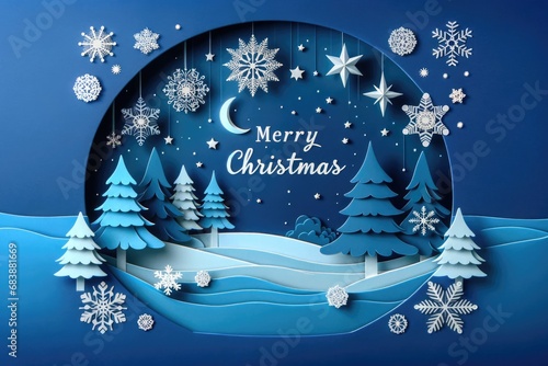 Christmas background, Decorated with christmas tree and gift box, Winter christmas composition in paper cut style decoration for Celebration.