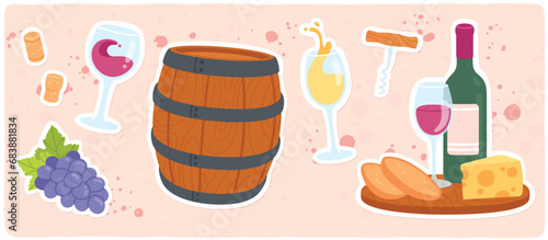 Wine bottle, glass, barrel, grapes winery set. Alcohol drink, corkscrew, corks, wineglasses stickers collection. Wine production, tasting, restaurant, bar, winemaking flat vector illustration