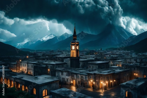 an image of a huge storm coming in from the sky over a city with a clock tower in the foreground and a mountain range in the distance in the foreground.