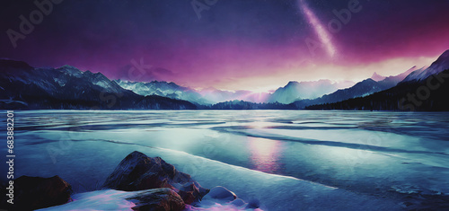 illustrazione di paesaggio con grande lago ghiacciato e sole che sorge sopra un orizzonte montuoso photo
