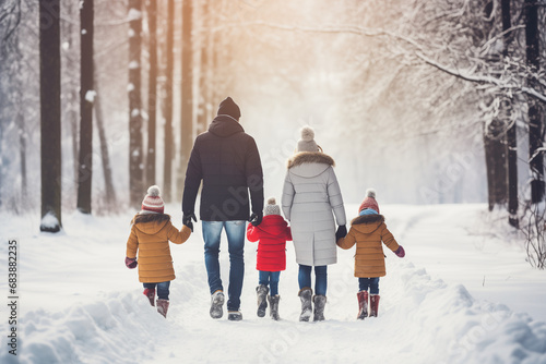 Rear view of family with two small children in winter nature, walking in the snow