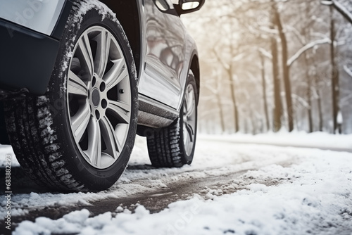 Winter tire. Car on snow road. Tires on snowy highway detail