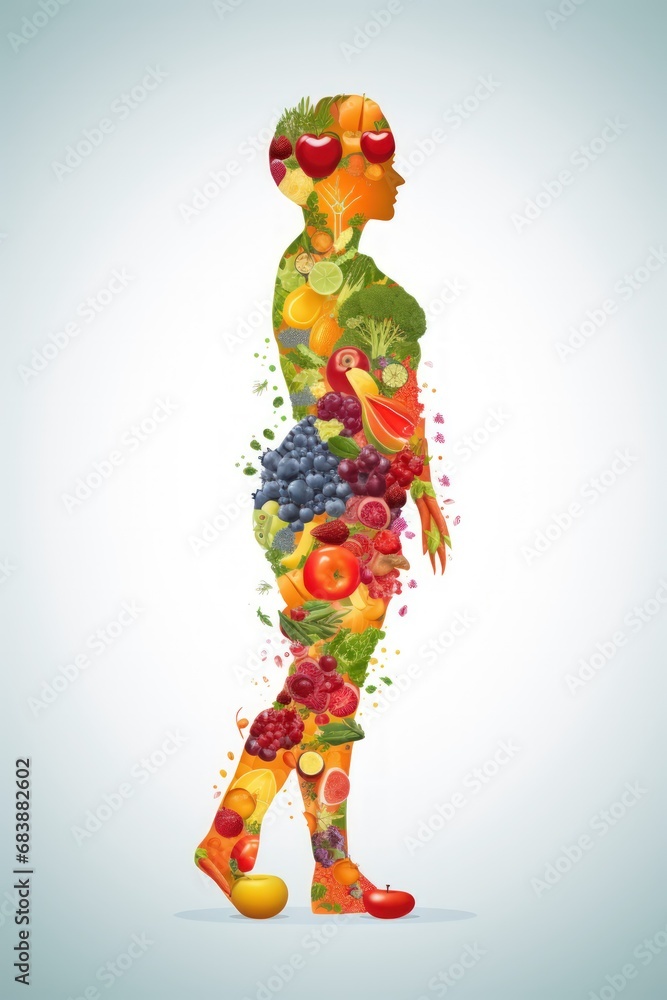 Illustration of diverse human figures with fruits and vegetables in the background Illustration of diverse human figures with fruits and vegetables in the background