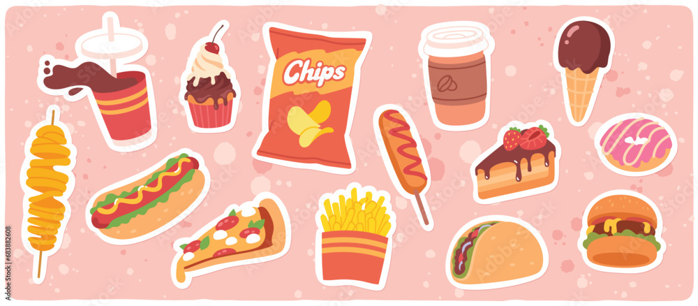 Fast food meal sticker set. Burger, sandwich, hamburger, pizza, drink, cheeseburger, French fries, donut lunch snacks. Unhealthy takeaway junk food, cartoon restaurant menu flat vector illustration Fast food meal sticker set. Burger, sandwich, hamburger, pizza, drink, cheeseburger, French fries, donut lunch snacks. Unhealthy takeaway junk food, cartoon restaurant menu flat vector illustration