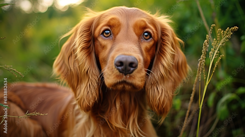 Beautiful Cocker Spaniel with Expressive Eyes Gazing Directly at Camera in Lush Outdoor Scene