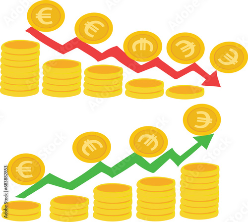 set of coins with yen euro rupee dollar sign
yen euro rupee dollar Exchange Rate Weakening And Strengthening With Red Green Graphic Arrows 
