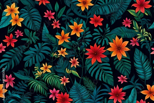 Imagine the striking contrast of a colorful flower against the backdrop of dark tropical foliage, 