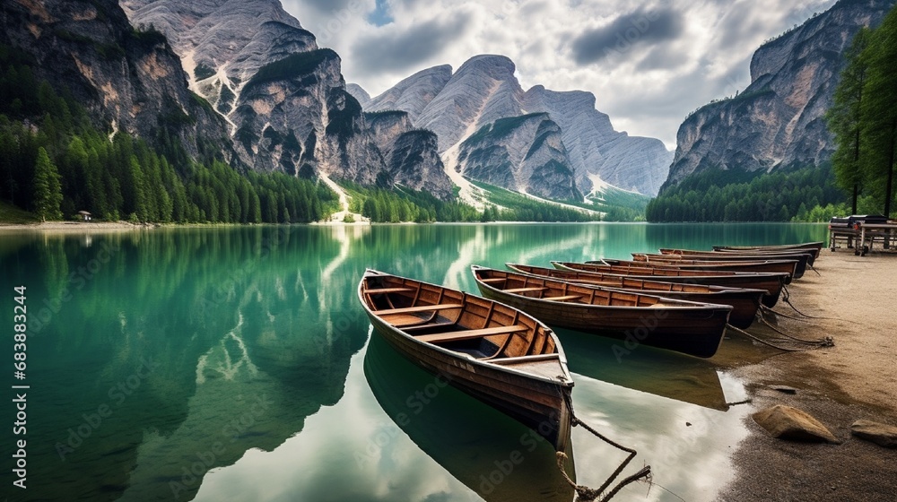 Fototapeta premium lake, Dolomite Alps, Boats on the lake Landscape in the Dolomite Alps.