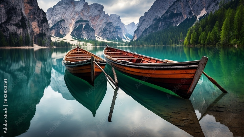  lake, Dolomite Alps, Boats on the lake Landscape in the Dolomite Alps.