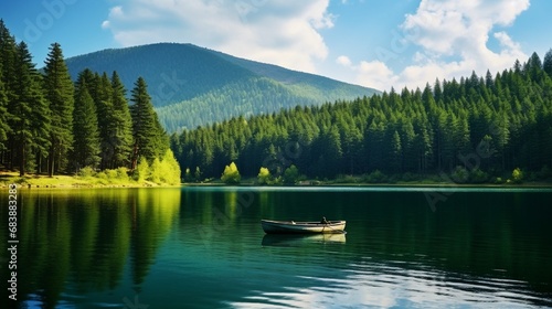 Lake landscape in the forest Lake view in spring Nature landscape in green lake boat on the lake in the forest nature scenery background theme Uludag mountain national park, photo