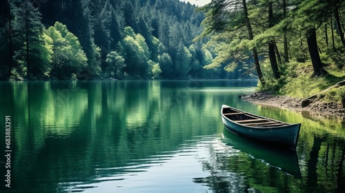 Lake landscape in the forest Lake view in spring Nature landscape in green lake boat on the lake in the forest nature scenery background theme Uludag mountain national park, © Nazia