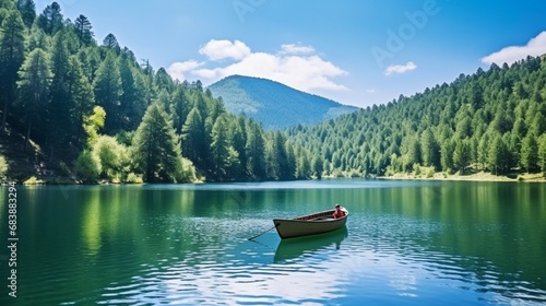 Lake landscape in the forest Lake view in spring Nature landscape in green lake boat on the lake in the forest nature scenery background theme Uludag mountain national park, photo