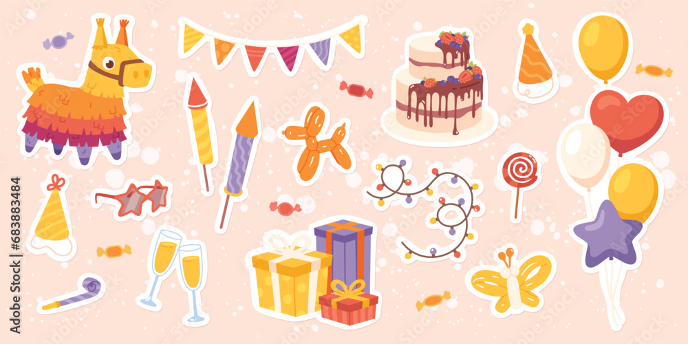 Birthday celebration decorative stickers set. Festive cake, garland, gift boxes, rocket fireworks, balloons, party hat collection. Birthday holiday event decoration background flat vector illustration Birthday celebration decorative stickers set. Festive cake, garland, gift boxes, rocket fireworks, balloons, party hat collection. Birthday holiday event decoration background flat vector illustration