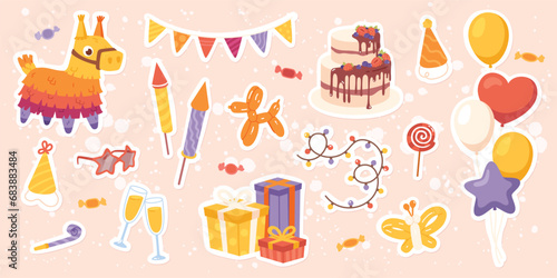 Birthday celebration decorative stickers set. Festive cake, garland, gift boxes, rocket fireworks, balloons, party hat collection. Birthday holiday event decoration background flat vector illustration