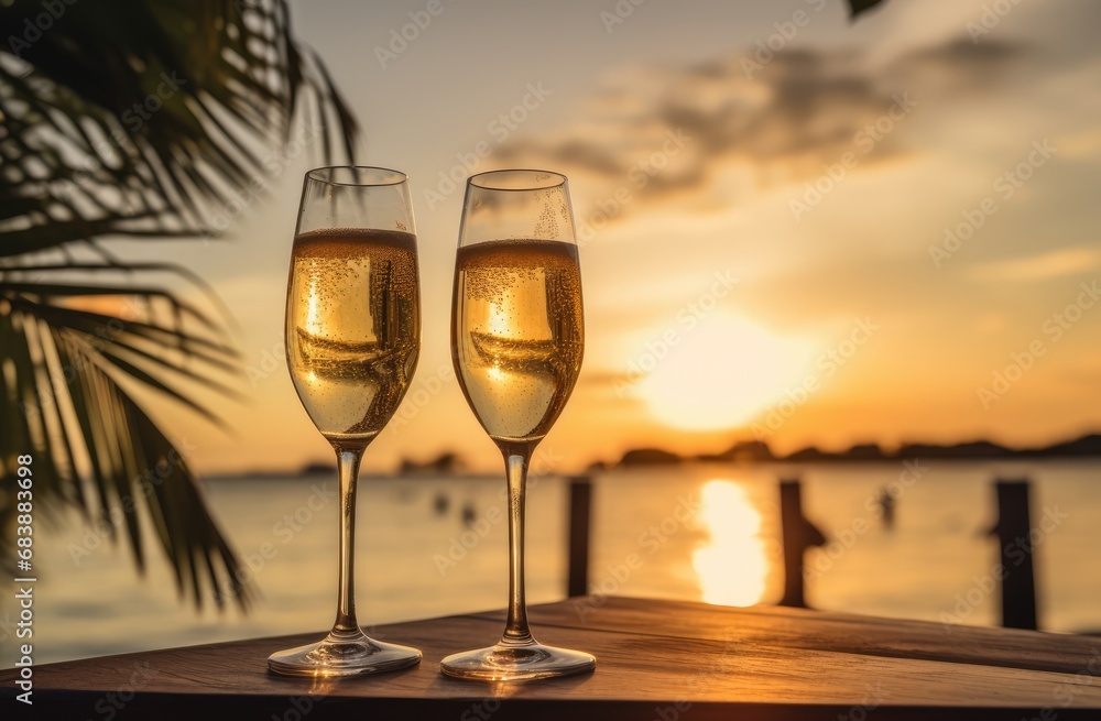 A couple of champagne glasses overlooking the beautiful beach. AI generated.