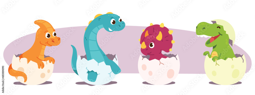 Cute baby dinosaurs hatching from egg set. Funny smiling new born prehistoric dino reptiles in shells collection. Jurassic period wild nature, little animal cartoon characters flat vector illustration