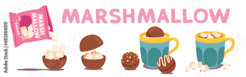 Chocolate bombs with marshmallows in hot drink. Preparing delicious cocoa and milk dessert in mug stages set, pouring marshmallow. Sweet cocoa balls cafe holiday confection vector cartoon illustration