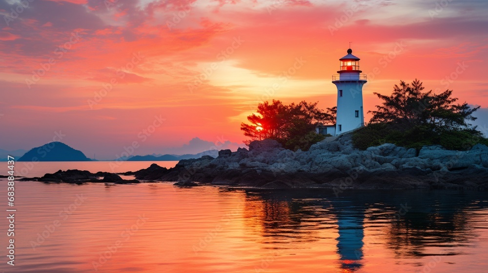 Landscape of small island with ancient lighthouse at sunrise sky is beautiful and peaceful.