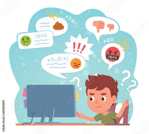 Cyber bullying victim kid reading angry messages. Boy child person suffer receiving comments on computer from aggressive bullies. Internet harassment violence problem concept flat vector illustration