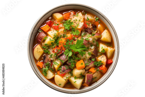  vegetable soup with potatoes, carrots and Parsley on bowl, isolated on transparent background, PNG file, professional studio photo, above view