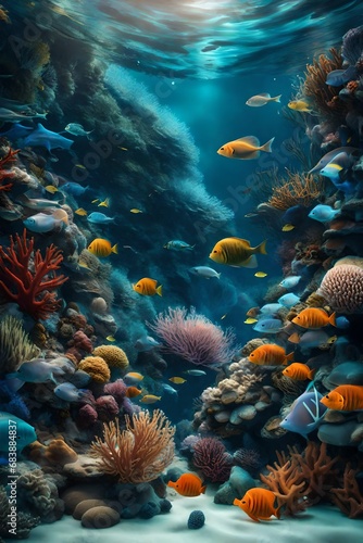 A surreal underwater world filled with exotic marine life, where colorful coral reefs and mysterious creatures come to life in a captivating 3D wallpaper.