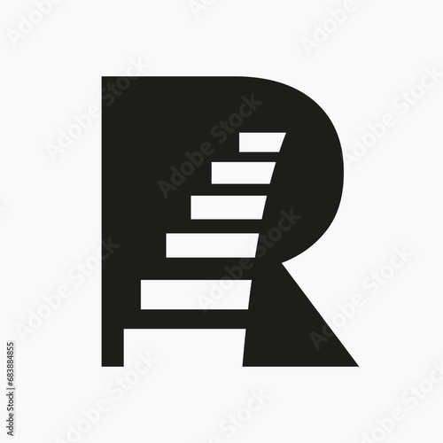 Letter R Stair Logo. Step Logo Symbol Alphabet Based Vector Template