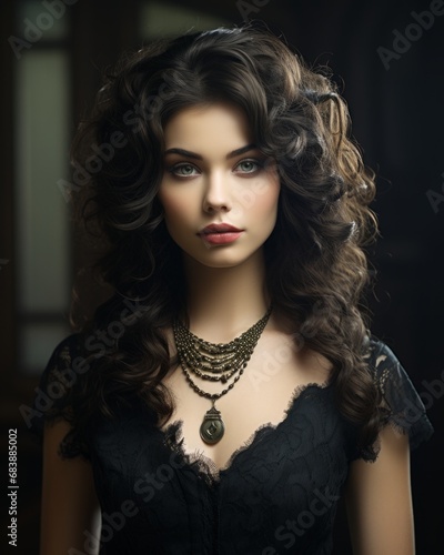 Vintage Charm - Curled Locks and Ornate Necklace.. A woman s portrait capturing vintage charm with lush curls and an ornate necklace.