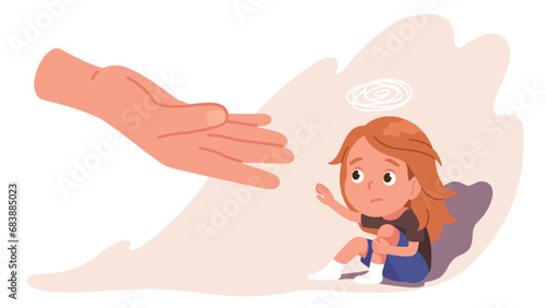 Child mental health care concept. Depression stress, anxiety disorder kid support. Psychology helping hand, psychotherapy, parenting problem solving. Sad lonely lost girl character vector illustration