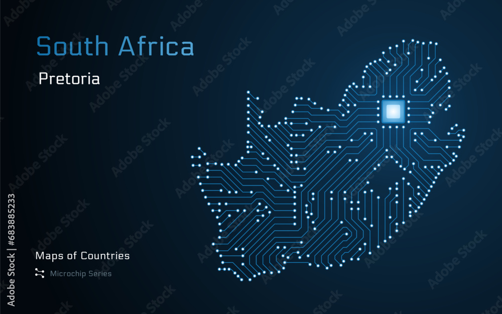 Fototapeta premium South Africa Glowing Map with a capital of Pretoria Shown in a Microchip Pattern. E-government. World Countries vector maps. Microchip Series