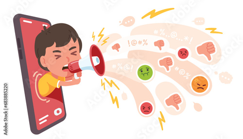 Aggressive bully kid shouting from mobile phone. Boy child person scream in megaphone abusive messages on cell screen. Cyber bullying, Internet harassment violence concept flat vector illustration