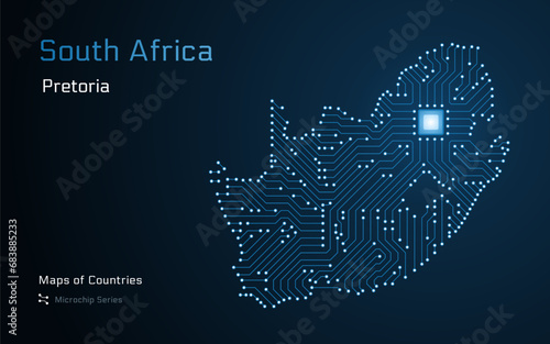 South Africa Glowing Map with a capital of Pretoria Shown in a Microchip Pattern. E-government. World Countries vector maps. Microchip Series
