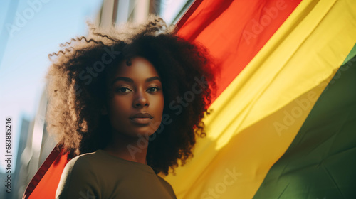 Black History Month. African American History in United States. Red Yellow Green flag and black woman. Freedom holiday. Celebrated annual in February. Poster, design art illustration. Generated AI