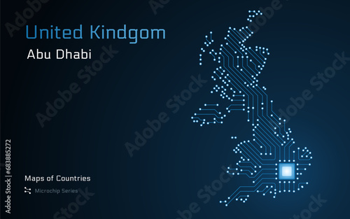 United Kingdom, Great Britain Glowing Map with a capital of London Shown in a Microchip Pattern. E-government. World Countries vector maps. Microchip Series