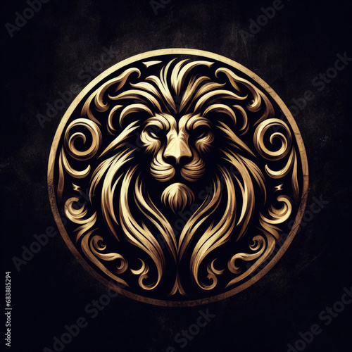 3d lion logo carving and engraving on dark background photo