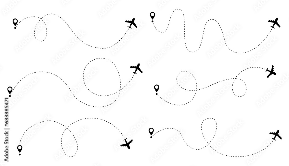 Airplane dotted route line set. Path travel line shapes. Flight route with start point and dash line trace for plane isolated illustration - obrazy, fototapety, plakaty 