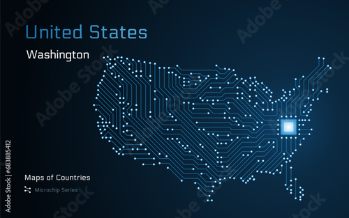 United States of America Map with a capital of Washington Shown in a Microchip Pattern. E-government. World Countries vector maps. Microchip Series photo