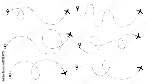 Airplane dotted route line set. Path travel line shapes. Flight route with start point and dash line trace for plane isolated illustration