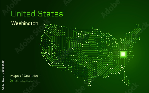 United States Map with a capital of Washington Shown in a Microchip Pattern. E-government. World Countries vector maps. Microchip Series