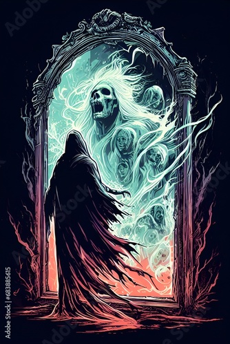 a ghostly apparition emerging from an ancient mirror with reflections of a haunted past, halloween, vector, illustration