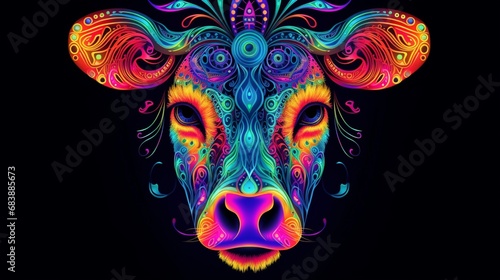 bull head with flames on a black background in colored fire.Generative AI