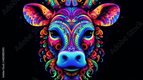 bull head with flames on a black background in colored fire.Generative AI